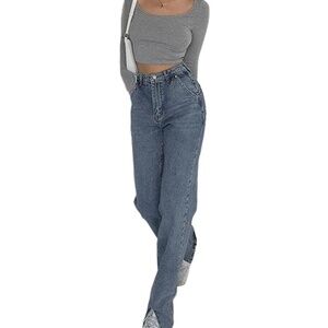 Commense Womens Highrise Relaxed Fit Medium Wash Split Hem Quiet Luxury Jeans M